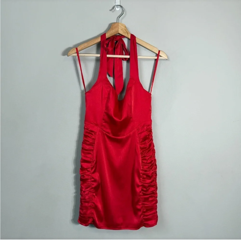 SAINTS + SECRETS NWT Red Satin Halter Ruched Mini Dress Bodycon Size 10 - Picture 7 of 13